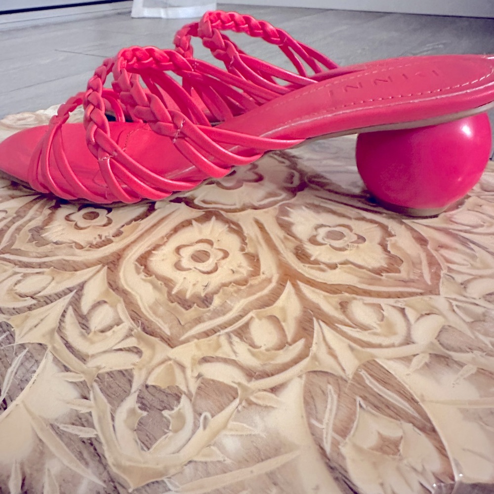 Coral pink heels with cute circle heel and braided straps